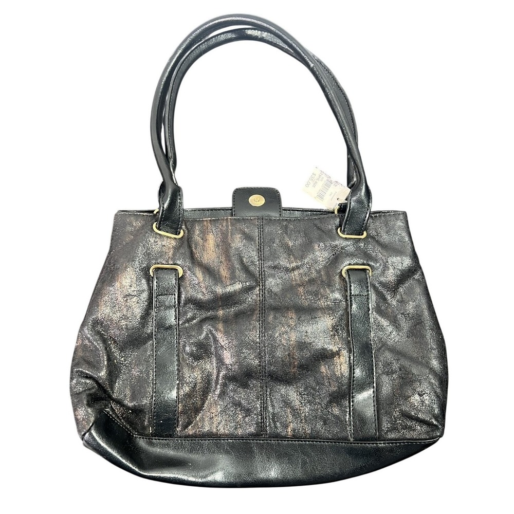 Meijer Black Metallic Distressed Faux Leather Tote Shoulder Bag‎ Gold Hardware